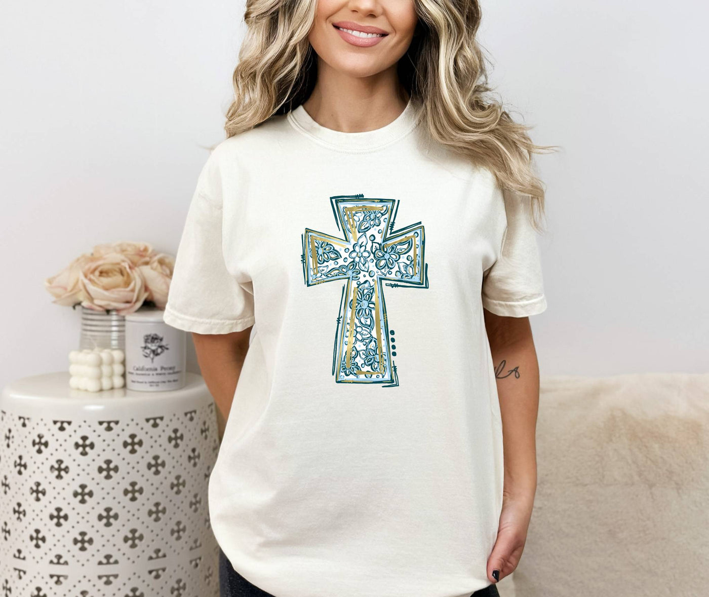 Blue and white floral cross - RTS 2/26