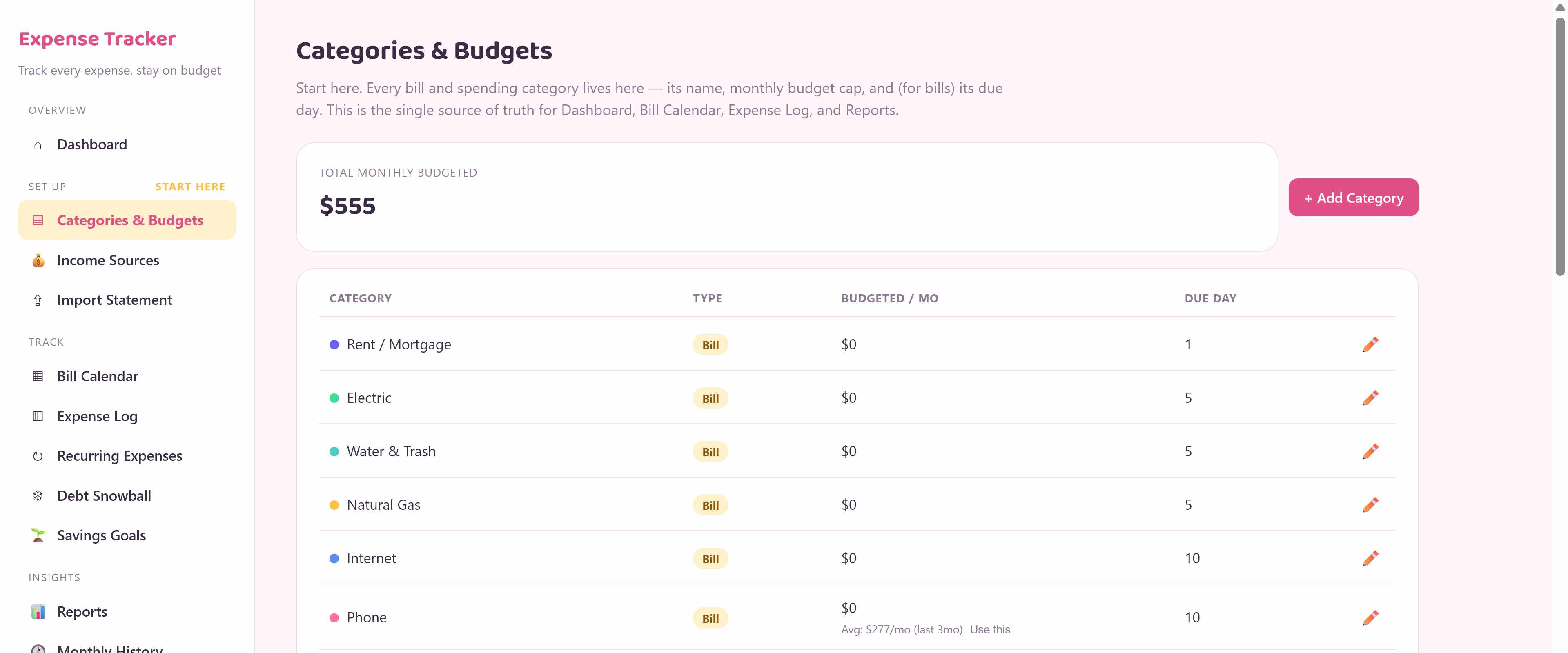 Categories and budgets screen