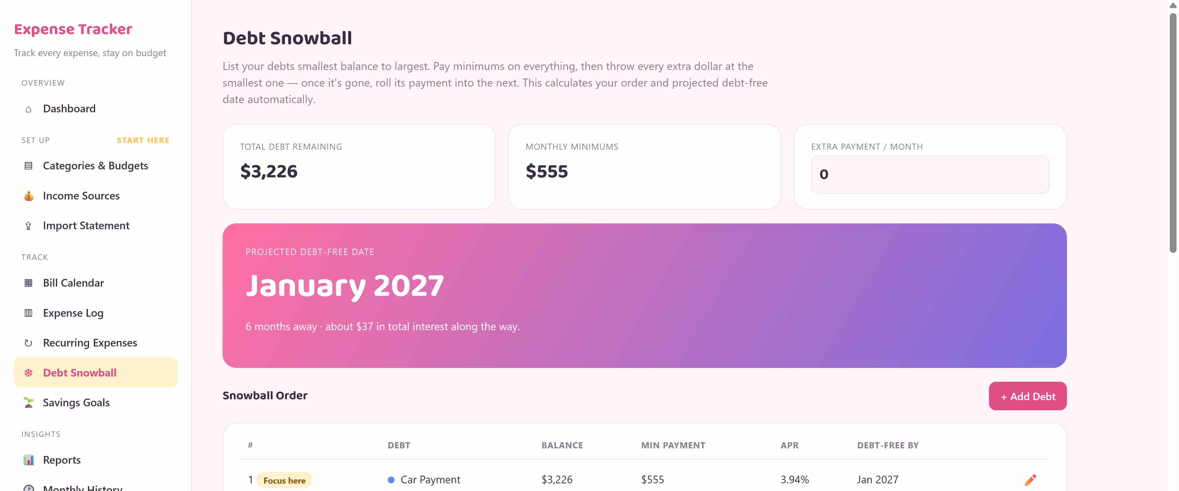 Debt snowball screen